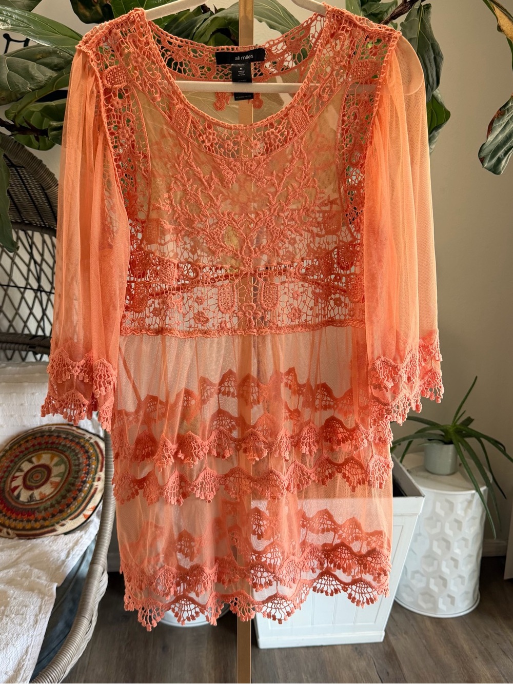 Ali Miles Coral Lace Crochet Long Sleeve Tunic Dress